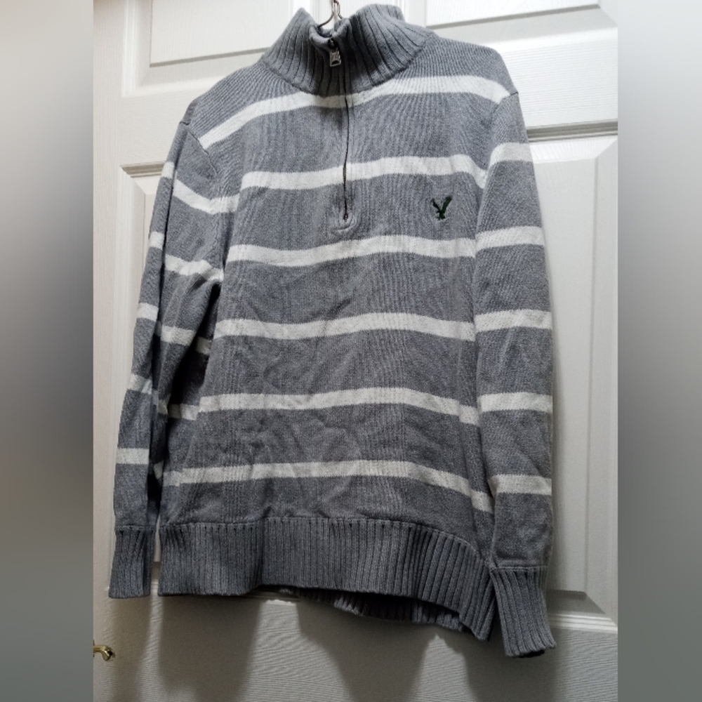 American Eagle Outfitter Front Zip Off-White & Soft Gray Stripe Sweater- SZ XXXL